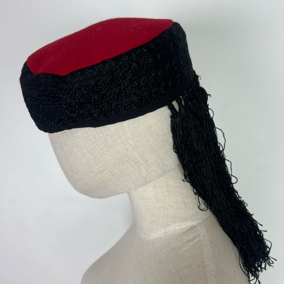 TASSEL FRINGE 1950’s Wool Soutache Embroidered Red and Black Women's Pillbox Hat - Picture 16 of 17